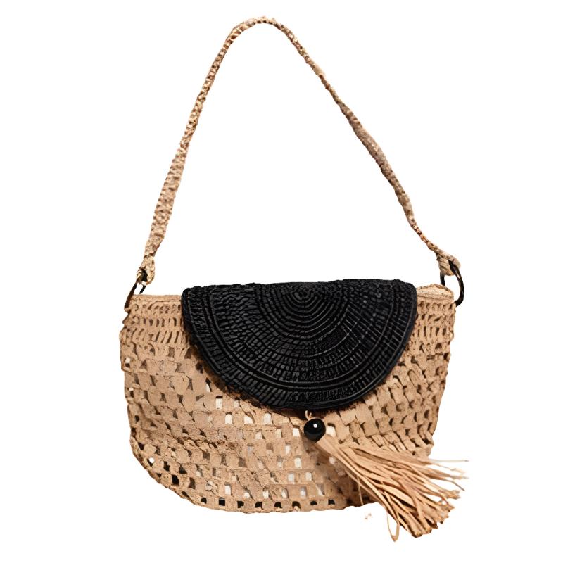 Le Panier, Caroline Bag, Raffia, Black with tea body.